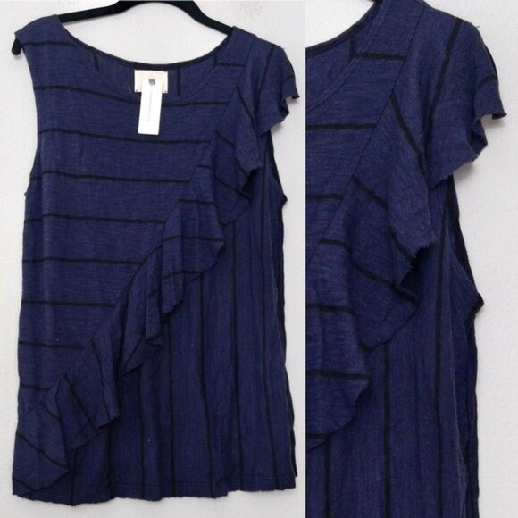NWT Anthropologie t.la Ruffle Sleeveless Knit Top S Blue Black Striped - Picture 1 of 7